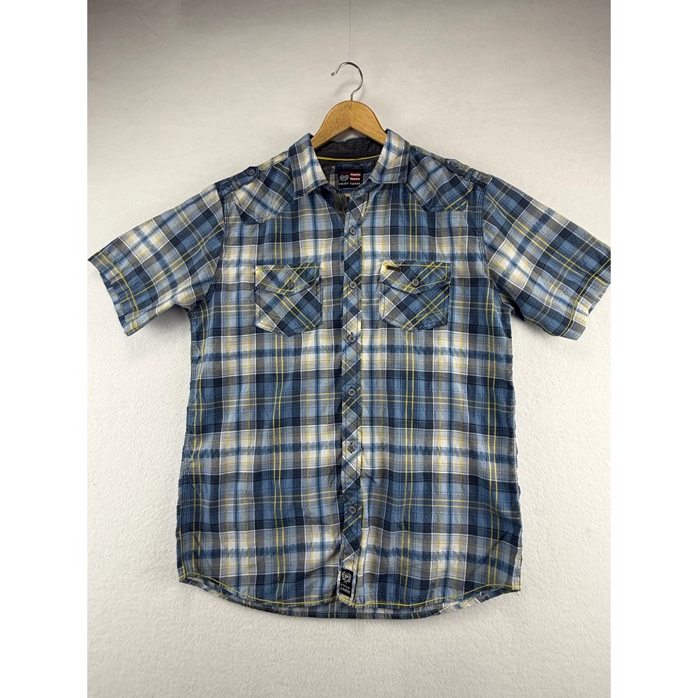 Phat Farm Plaid Shirt Mens Large Blue Yellow Short Sleeve Western Button Down